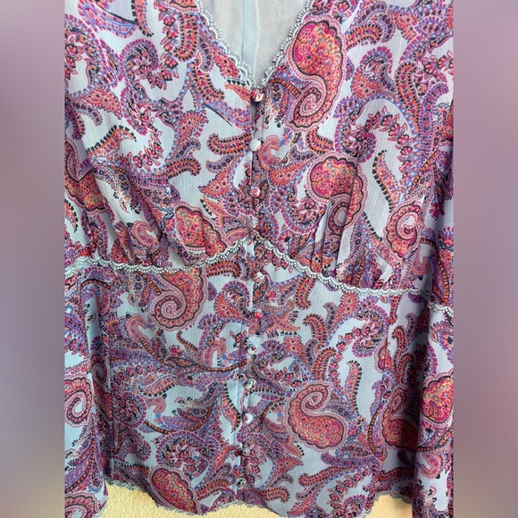 Jessica Simpson Blue Boho Paisley Chiffon Long Sleeve Crochet Trim Blouse 2X - Picture 7 of 12